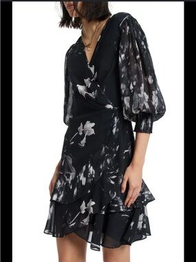 AllSaints Black and White Floral Faux Wrap Mini Dress